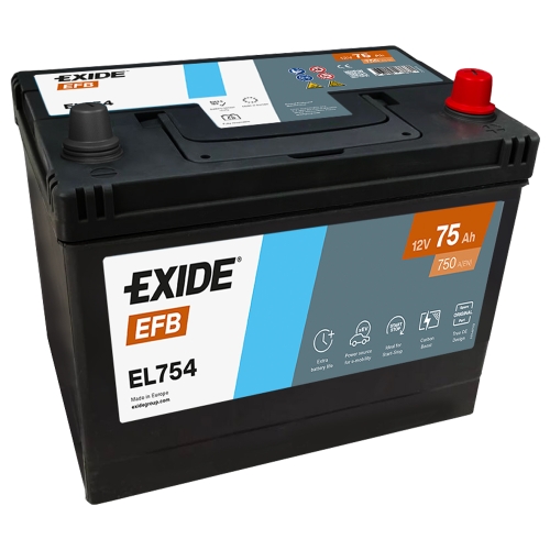 Акумулятор автомобільний Exide 75Аh 750A EFB Start-Stop Asia EL754 R+ D26