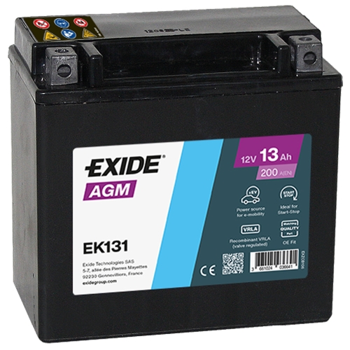 Акумулятор автомобільний Exide 13Аh 200A AGM Start-Stop Auxiliary EK131 L+